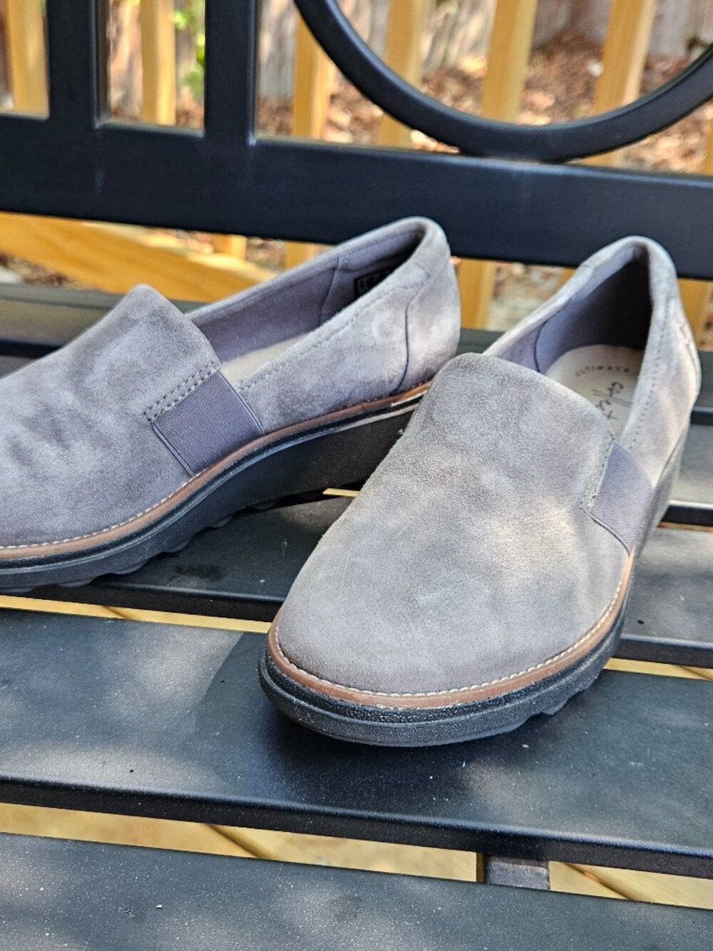 Clark's Collection gray suede leather mini wedge slip-on comfort shoes